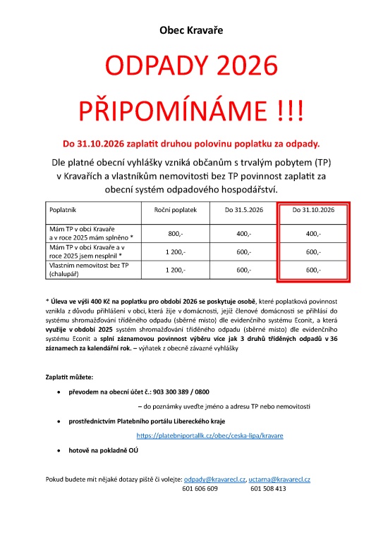 ODPADY - připomenutí platby 2026 - II.splátka